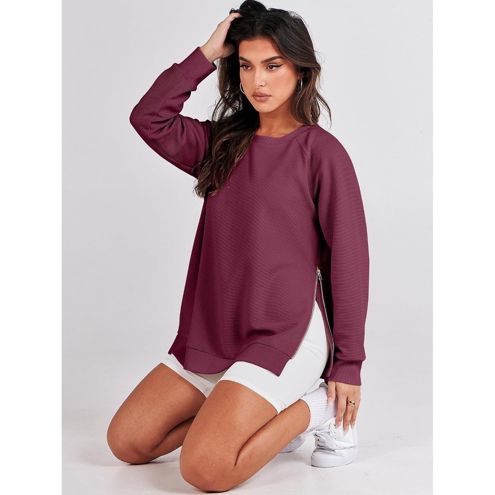 NWT Anrabess Women's XL Oversized Crewneck Tunic Sweatshirt Side Zipper Dark Red